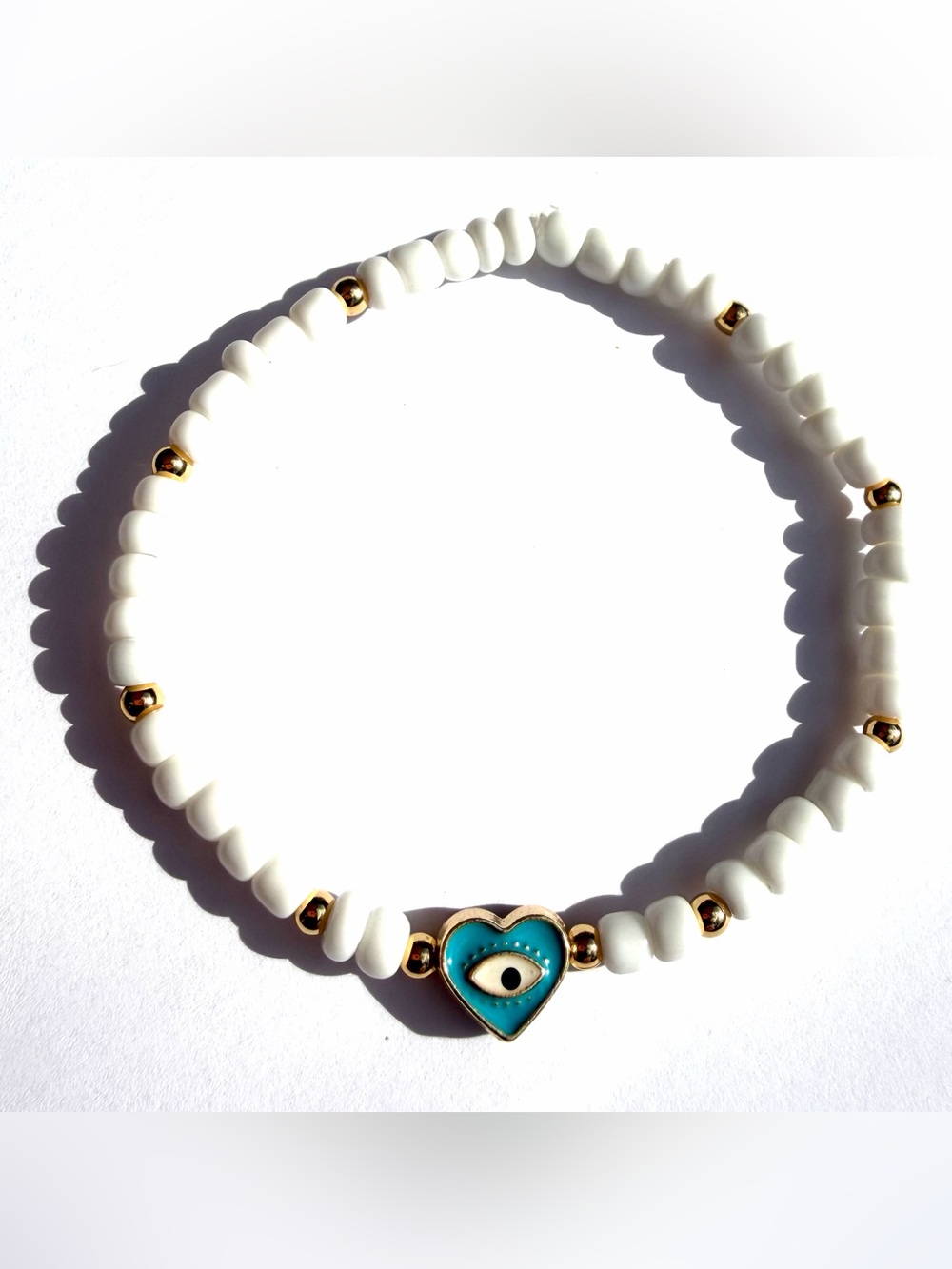 4 of Gold Metal Heart Evil Eye Good Luck Charm White Seed Beaded Bracelets